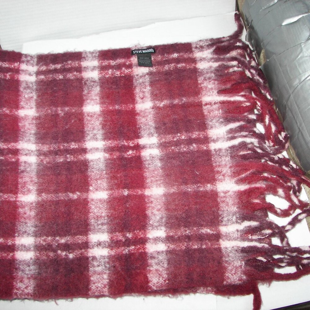Steve Madden maroon/white plaid 73" L  16 1/2" W  6" fringe  blanket scarf